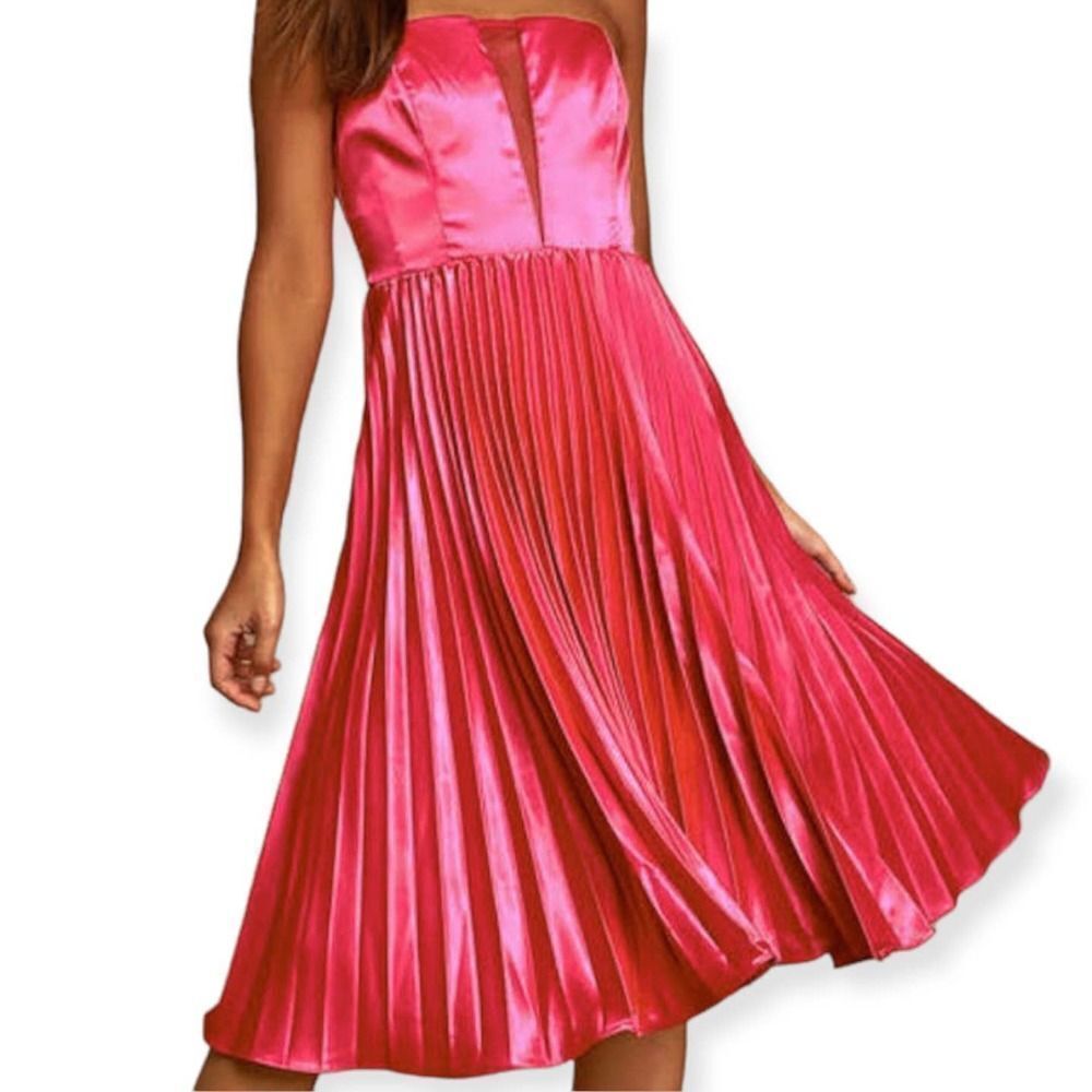 Lulus Just Like a Movie Satin Strapless Pleated Midi Dress Small Pink Magenta